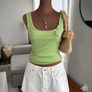 2000s Old Navy Perfect Fit Bright Green Ribbed Tank with Floral Detail Size S